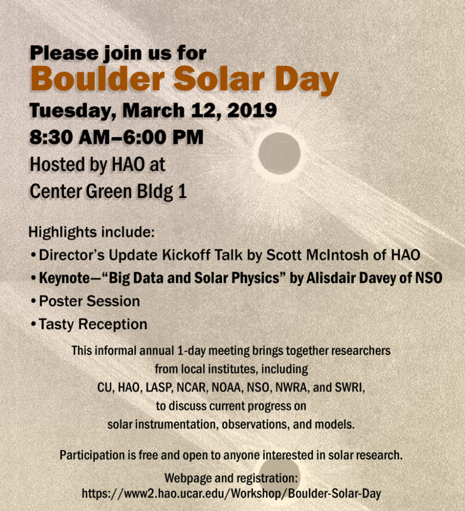 Digital poster advertising Boulder Solar Day, an annual meeting of local solar researchers from CU, HAO, and other scientific institutions in Boulder.