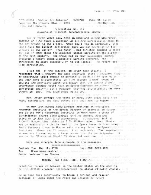 1988 essay, in which Roberts discusses his work to open lines of communication to discuss how greenhouse gases and global climate change might affect U.S.-Soviet relations.